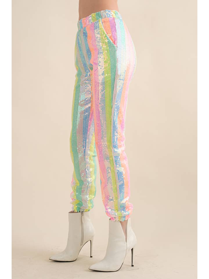 34007P - Rainbow Sequin Mid Rise Elastic Waist Jogger Pants for wholesale on Faire1