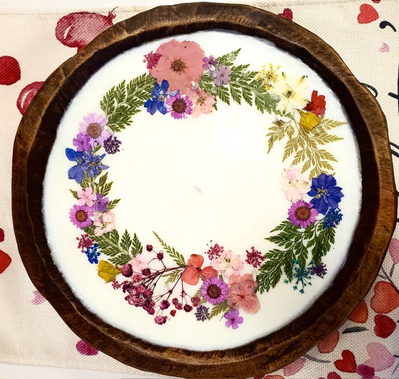 Plaid Rooster Co - Wholesale Jar/Filled Candle - Flower Wreath Round Wood Dough Bowl Soy Candle