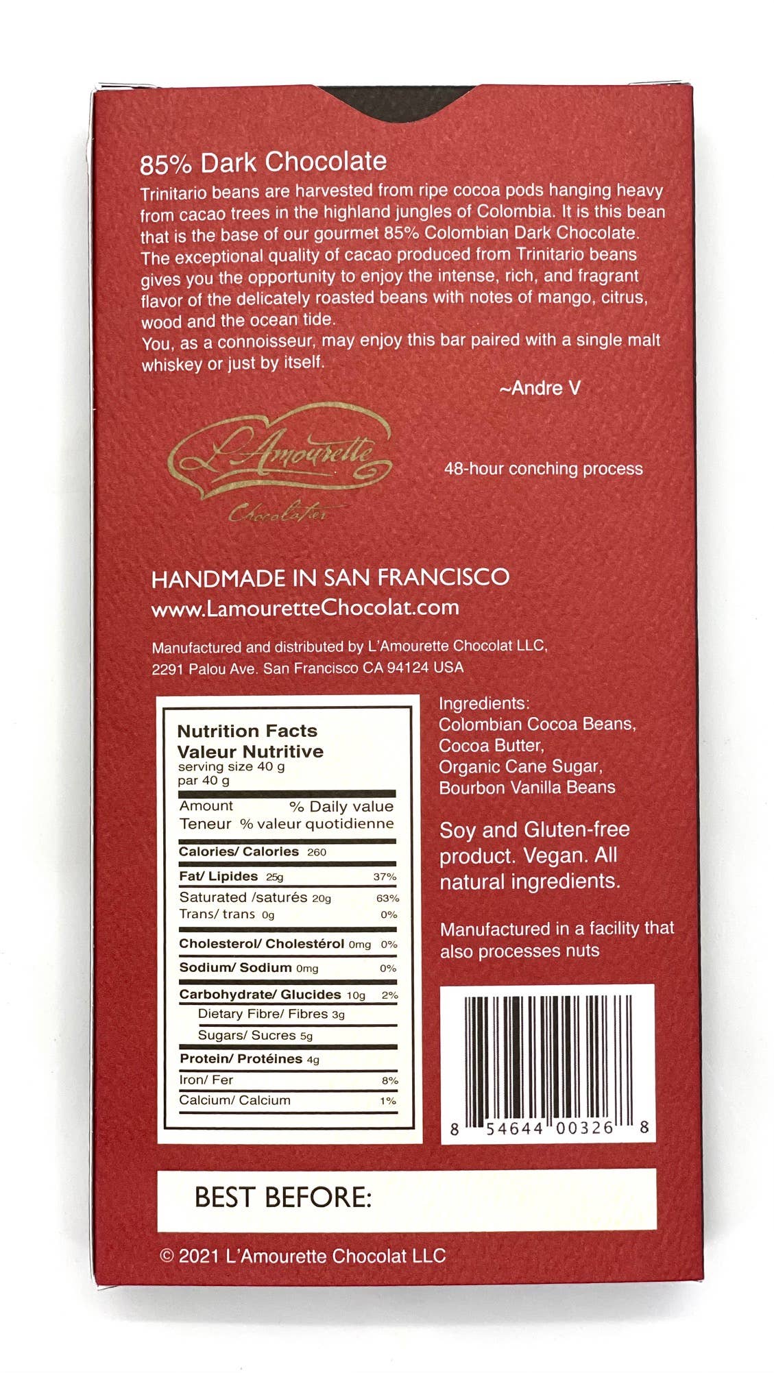 L'Amourette Chocolat - Wholesale Chocolate Bar - 85% Dark Chocolate Colombia (Single Origin)2