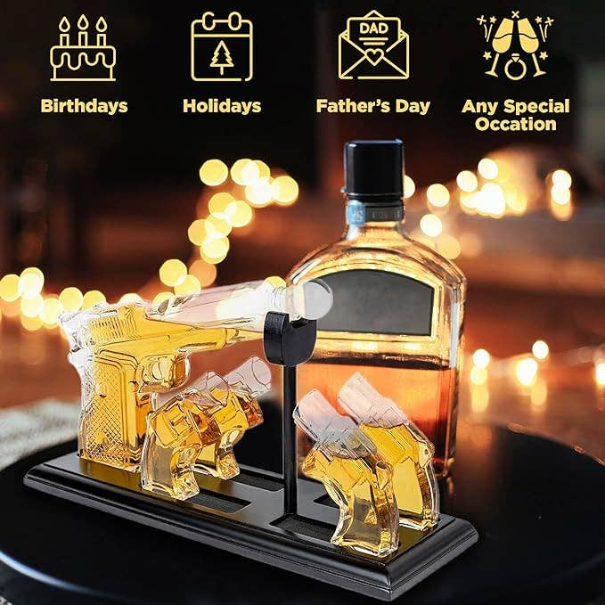 Bezrat - Vendita all'ingrosso Decanter - Set regalo decanter whisky a forma di pistola con bicchierini e vassoio in mogano1