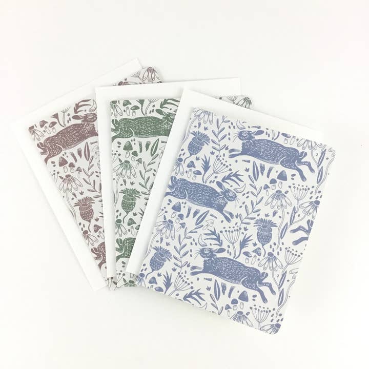 Linocut Cottontails, Mixed Colors- Notecard, Set of 3 for wholesale by New South Pattern House