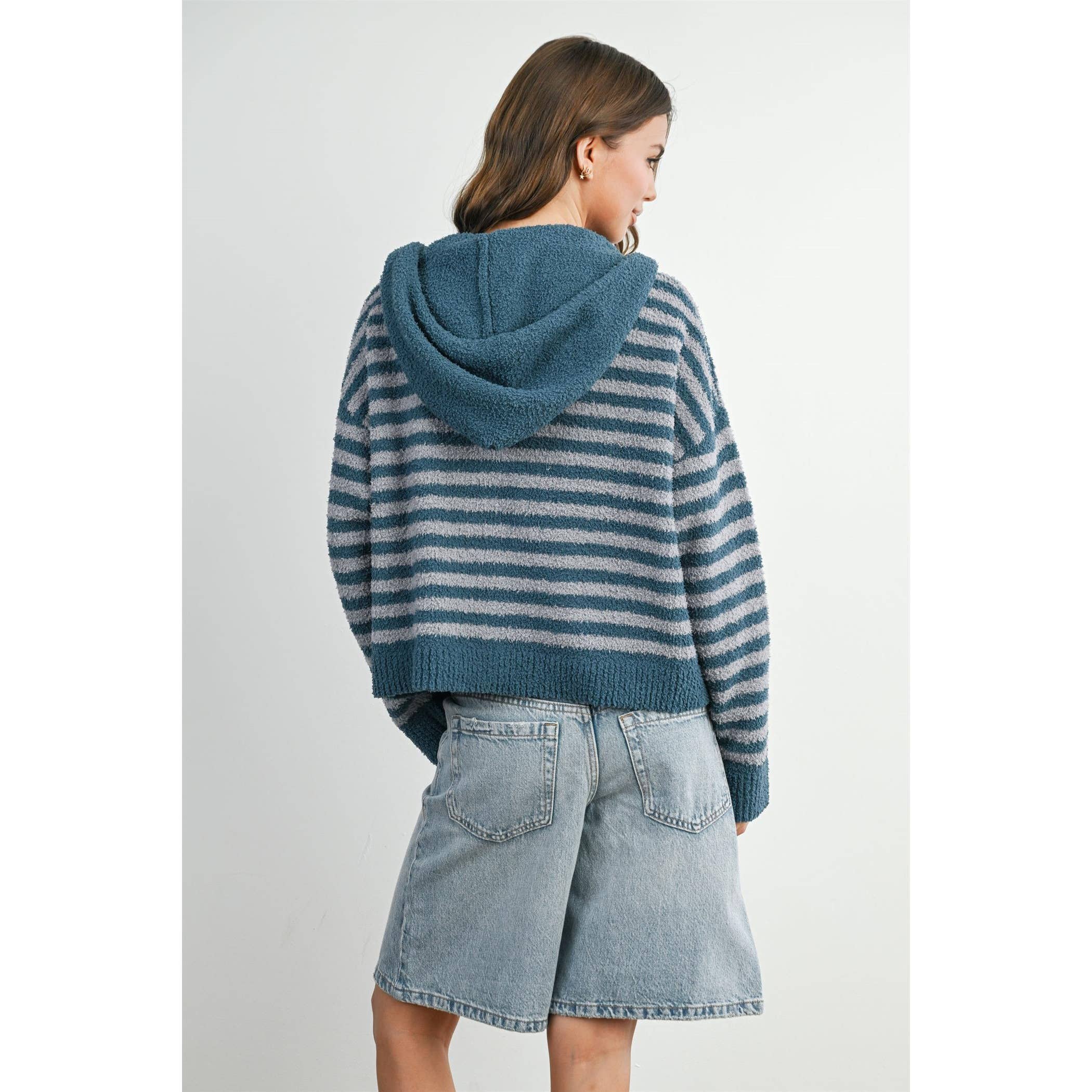 BUTTERMELON - Wholesale Knit Sweater - Women's - Striped Zip-Up Hooded Cardigan - BMC809735