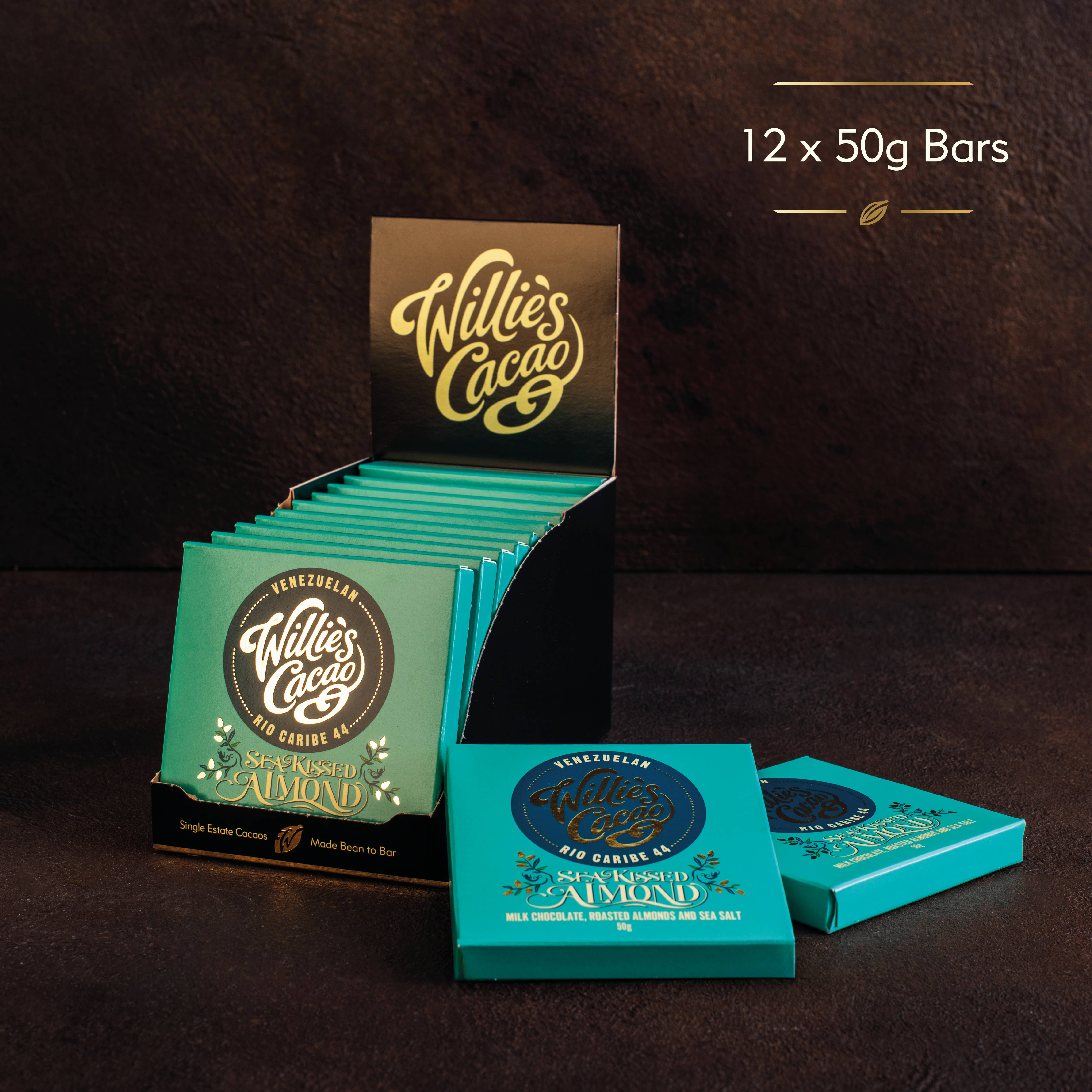 Willie's Cacao – wholesale Chocolate bar – Sea Kissed Almond. Milk chocolate w. almonds & sea salt 50g 3