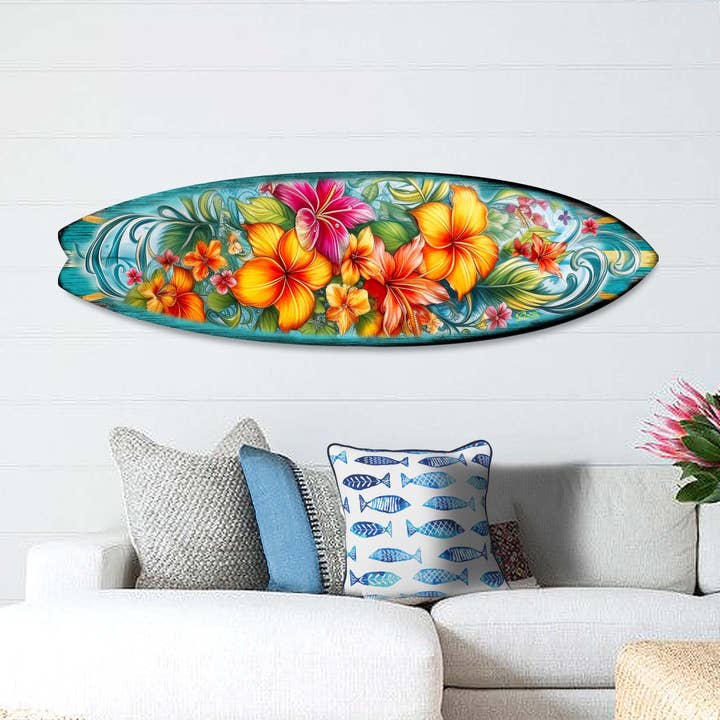Hawaiian Flowers Surfboard | Wood | Coastal Wall Art for wholesale by Designocracy