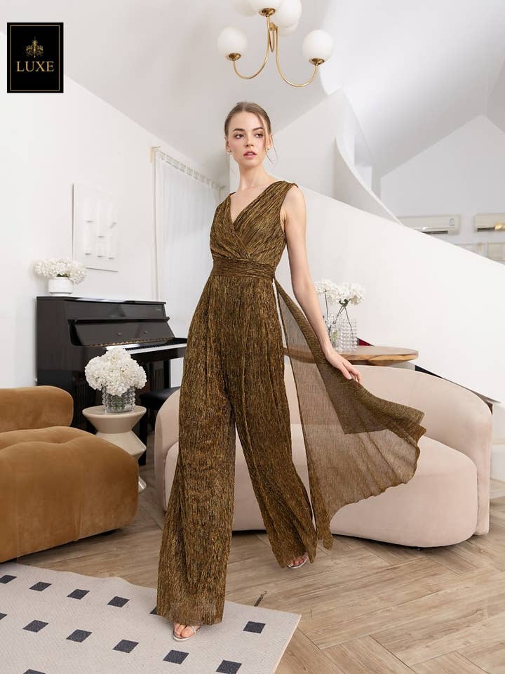 Wrap Neck Sleeveless Jumpsuit Ruffle Detail for wholesale by AlexyDesings