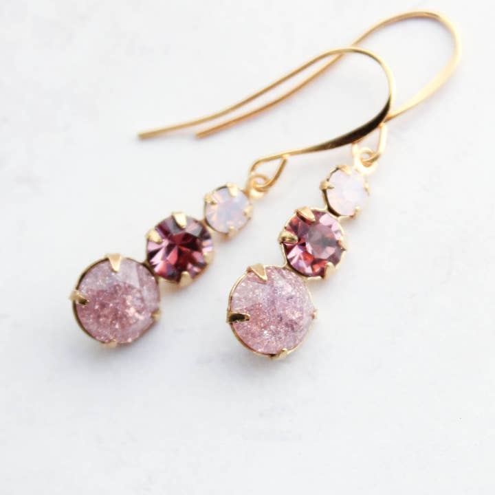 A Pocket of Posies - Wholesale Dangle Earrings - Vintage Glass Earrings - Three Jewel - Dusty Rose Plum