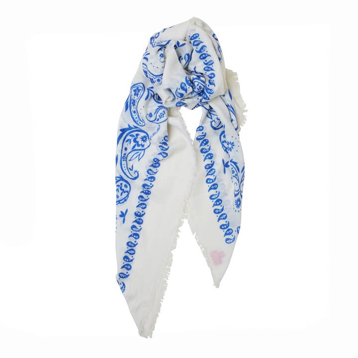 Blue Printed XL Cashmere Bandana - Blue/White for wholesale on Faire1