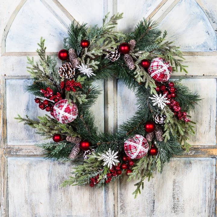 Christmas Wreath With Fabric Check Ornaments, Snow Flakes for wholesale by KMI International Corp.