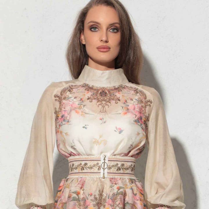 CHEMISIER ET HAUT EN CHIFFON DESIGNER 2-EN-1 - FLEURS BAROQUES pour la vente par Fashion Roots