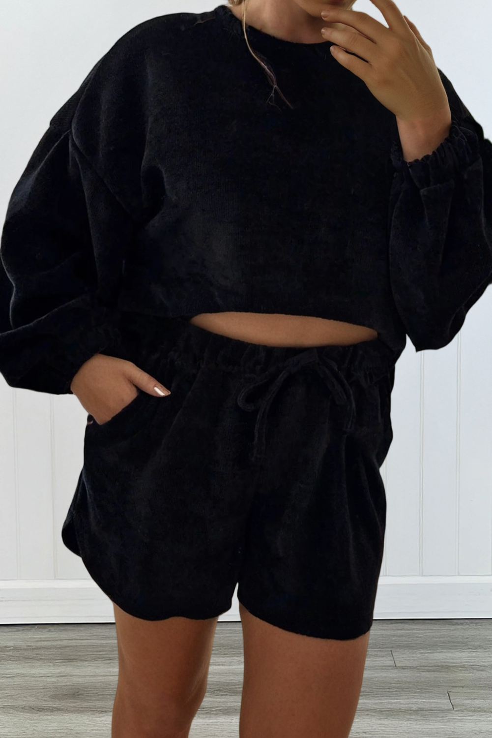 LA Society - Wholesale Lounge Set - Women's - LAS Textured Knit Pullover Drawstring Shorts Sets (S-XL)2