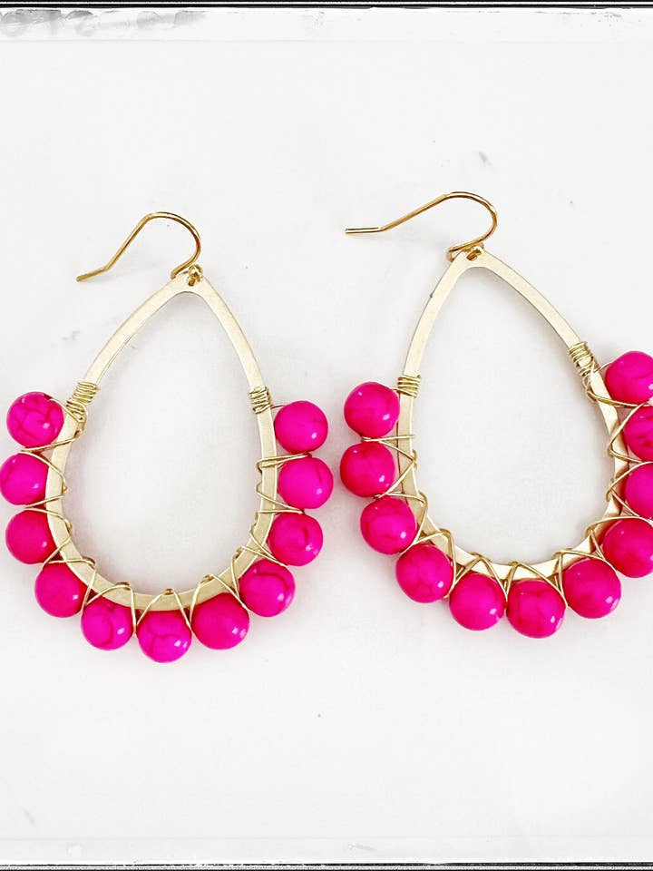 Teardrop Hoop Gemstone Bead Dangle Earrings Hot Pink Howlite for wholesale by GentrybyJenna