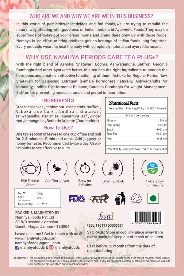 Namhya Ayurveda - Venta al por mayor Tés saludables/desintoxicantes - Té para el Equilibrio Hormonal de la Mujer | Mezcla Ayurvédica para SOP, Alivio Menstrual y Periodos sin Dolor | 50 Bolsitas de Té | Sorbe - Equilibra - Prosperar7