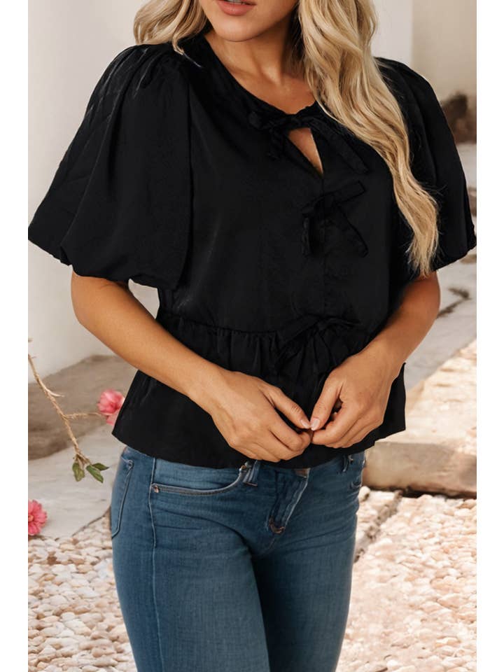 Black LDC Puff Sleeve Bowknot Front Peplum Blouse for wholesale on Faire