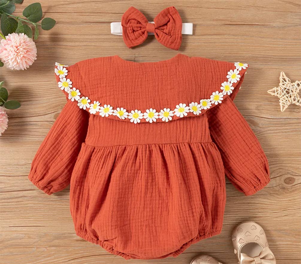 Fennco Styles – wholesale Clothing set – Baby – Terracotta Little Daisy Cotton Baby Romper & Headband2
