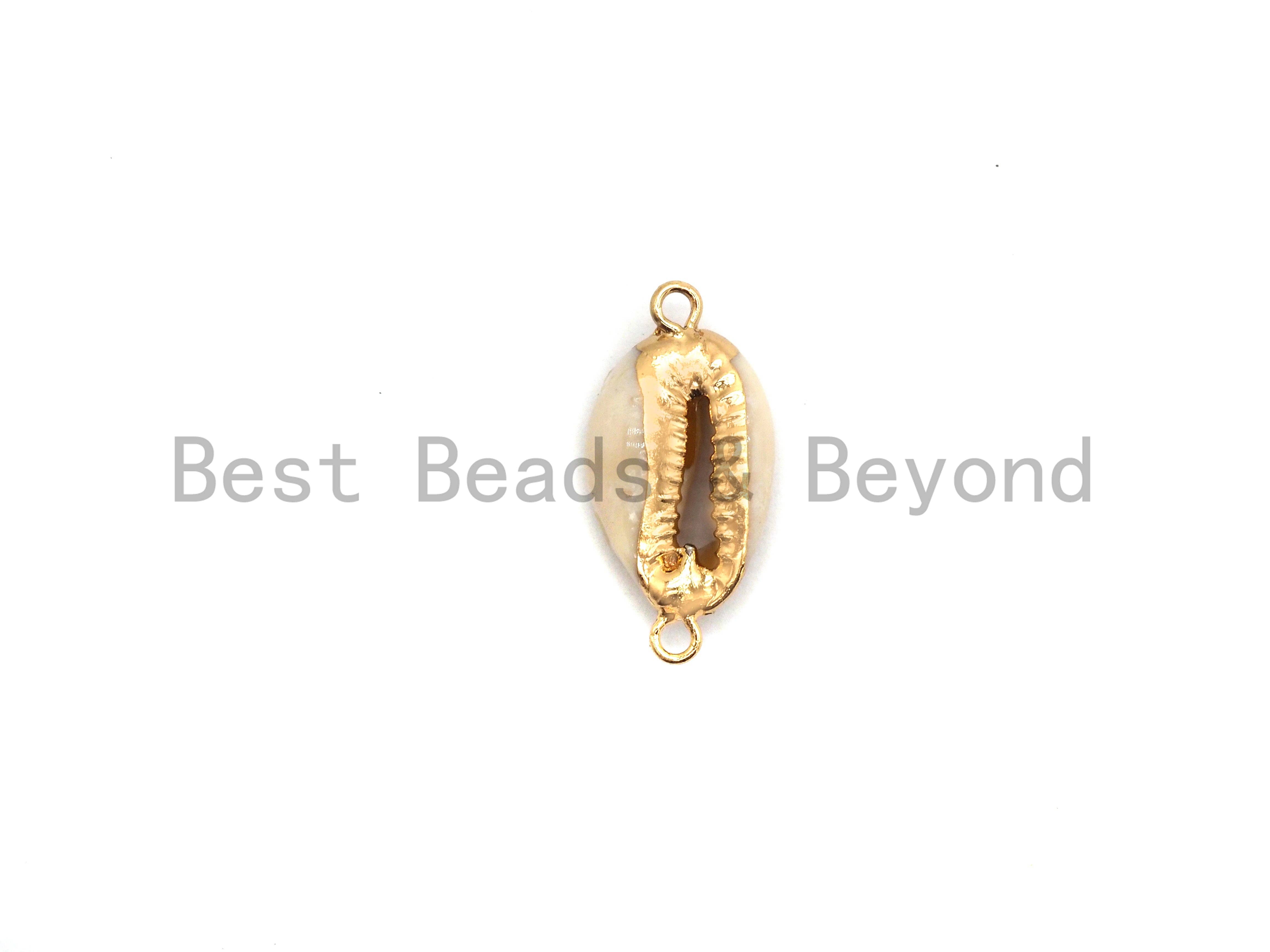 BestBeads&Beyond - Wholesale Individual Charm/Pendant - Gold Plated Cowrie Shell Connector, Double Bails Cowrie, Cowrie Charms, Gold Cowrie, Cowrie Necklace, Boho Charm, 12x24mm, Sku#V381