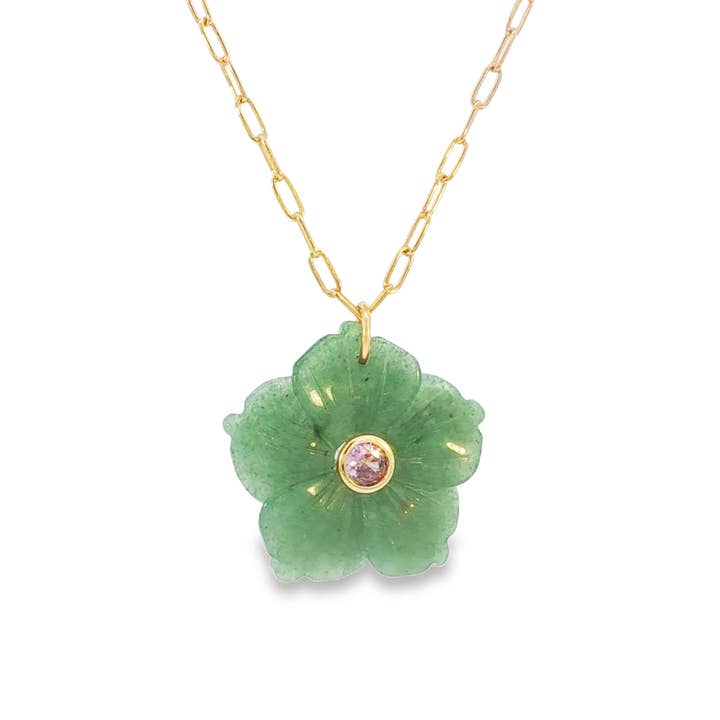 Gold Filled Paper Clip Necklace with Semi Precious Floral Pendant for wholesale by Bozkurt Jewelry