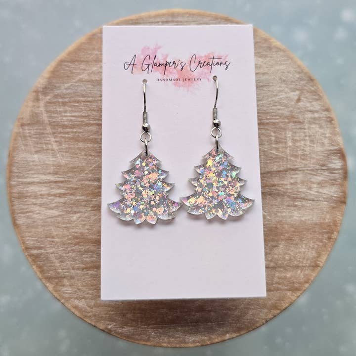 A Glamper's Creations LLC - Wholesale Dangle earrings - Chunky Silver Glitter Small Christmas Tree Acrylic Earrings1