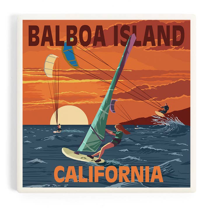 Ceramic Coaster Balboa Island, California, Windsurfer and… for wholesale by Lantern Press