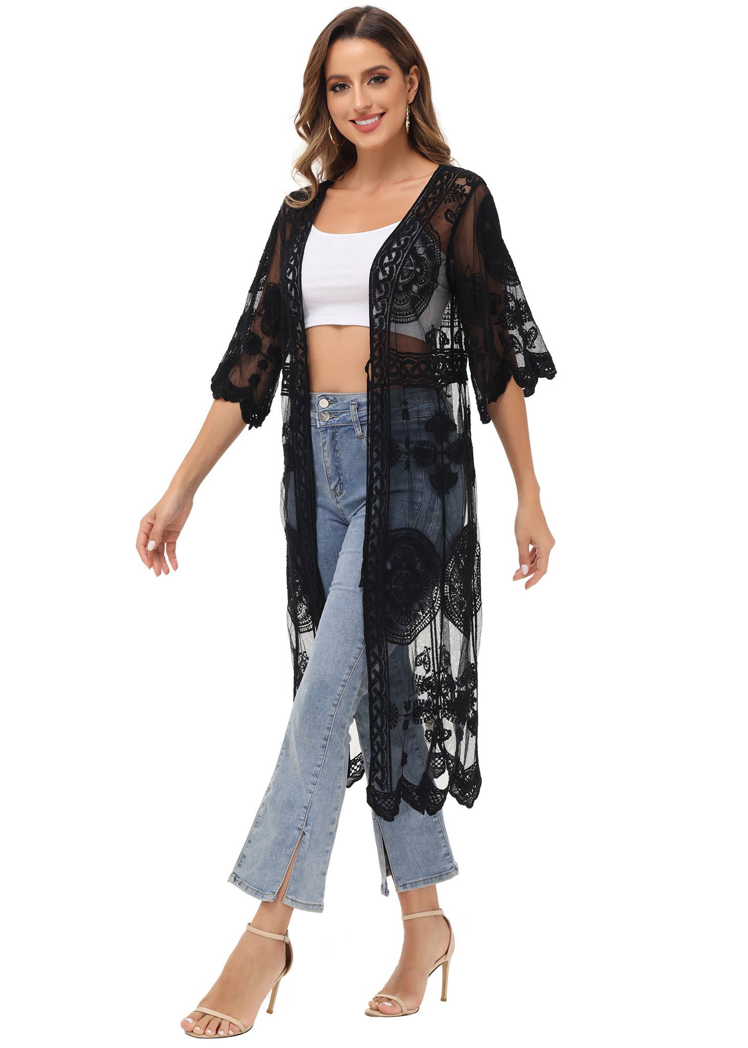 Anna Kaci Wholesale - Wholesale Swim Cover Up - Women's - Half Sleeve Tie Front Embroidered Lace Kimono Cardigan Cover7