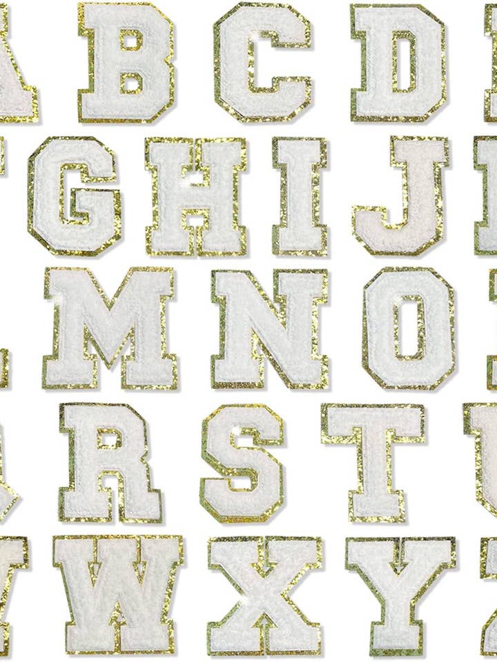 White Self Adhesive Chenille Letters Patches for wholesale by Threaded Pear