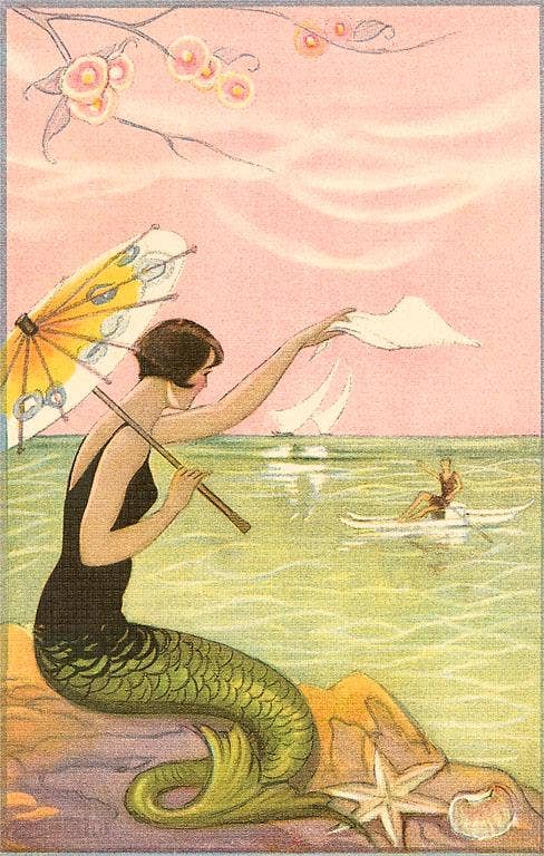 Found Image Press - Wholesale Postcard - Postcard TS-101 Mermaid with Parasol Waving to Rower0