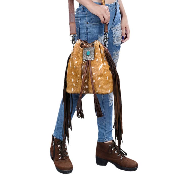 LS Western - Wholesale Crossbody bag – Women's - ADBG1272 Hair-On Hide Leather Fringe Bucket Bag with Turquoise Concho Accent12