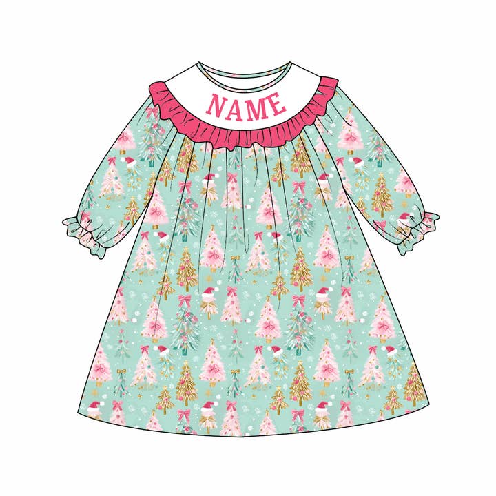 Auraquise - Wholesale Dress - Baby - Baby Girls Christmas Custom Name Tree Embroidery Smock Outfits
