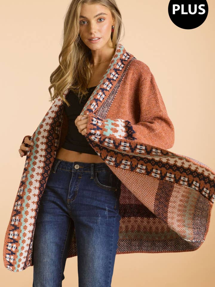 ADORA LA - Wholesale Cardigan - Women's - CESW2536X - PLUS TRIBAL BORDER SWEATER CARDIGAN2