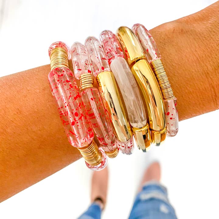 Clear Red Speckle Acrylic Tube Bamboo Bracelet for wholesale by Savvy Bling