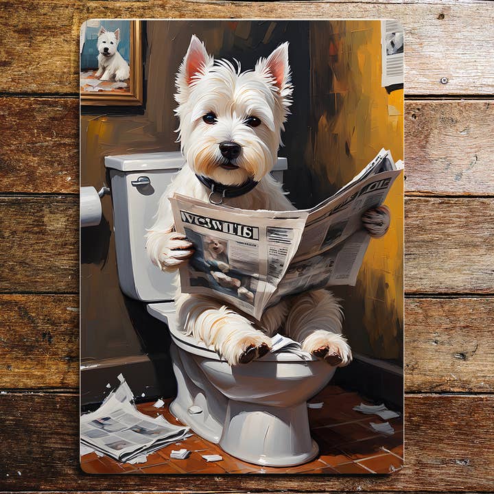 The British Metal Signs Company - Wholesale Sign - westie dog On the Toilet, Bathroom Metal Sign