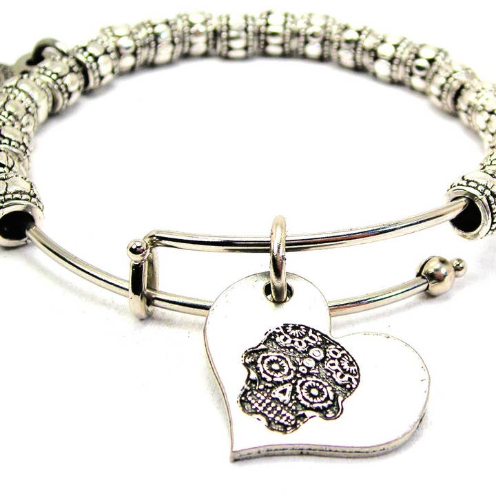 Sugar Skull Heart Metal Bead Bracelet Day Of The Dead Mexico for wholesale by Chubby Chico Charms
