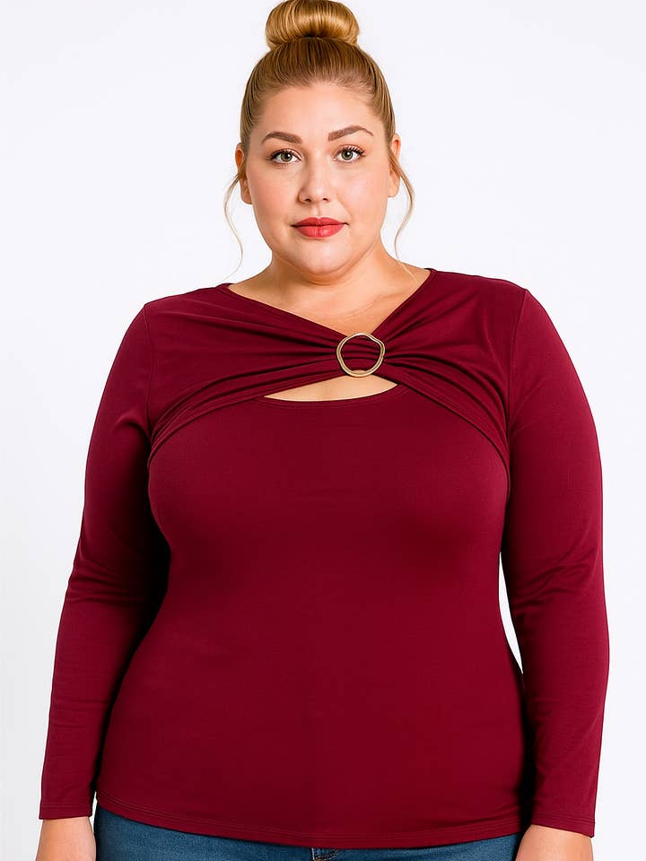 Plus Women long sleeve gold trim Peekaboo Holiday Top for wholesale by Story Teller