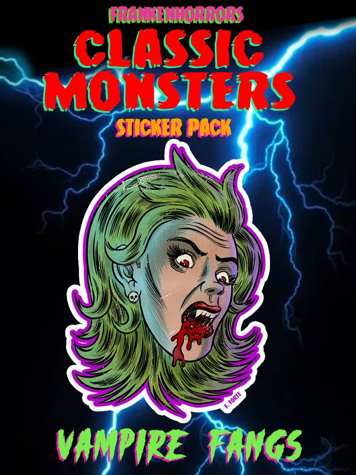 Frankenhorrors Vampire Fangs 5x4 die cut vinyl sticker for wholesale by Xeno Pop