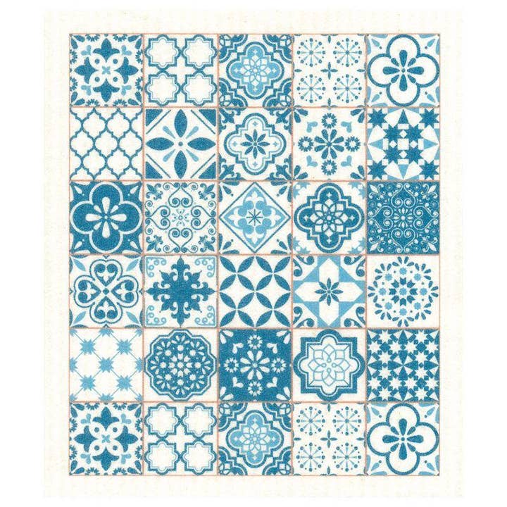 Blue & white Mediterranean Tile Swedish Dishcloth | Summer for wholesale by Sweetgum Home