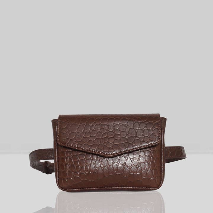 'CAMELLA' Brown Croc Leather Bum Belt Waist Festival Bag for wholesale by Assots London