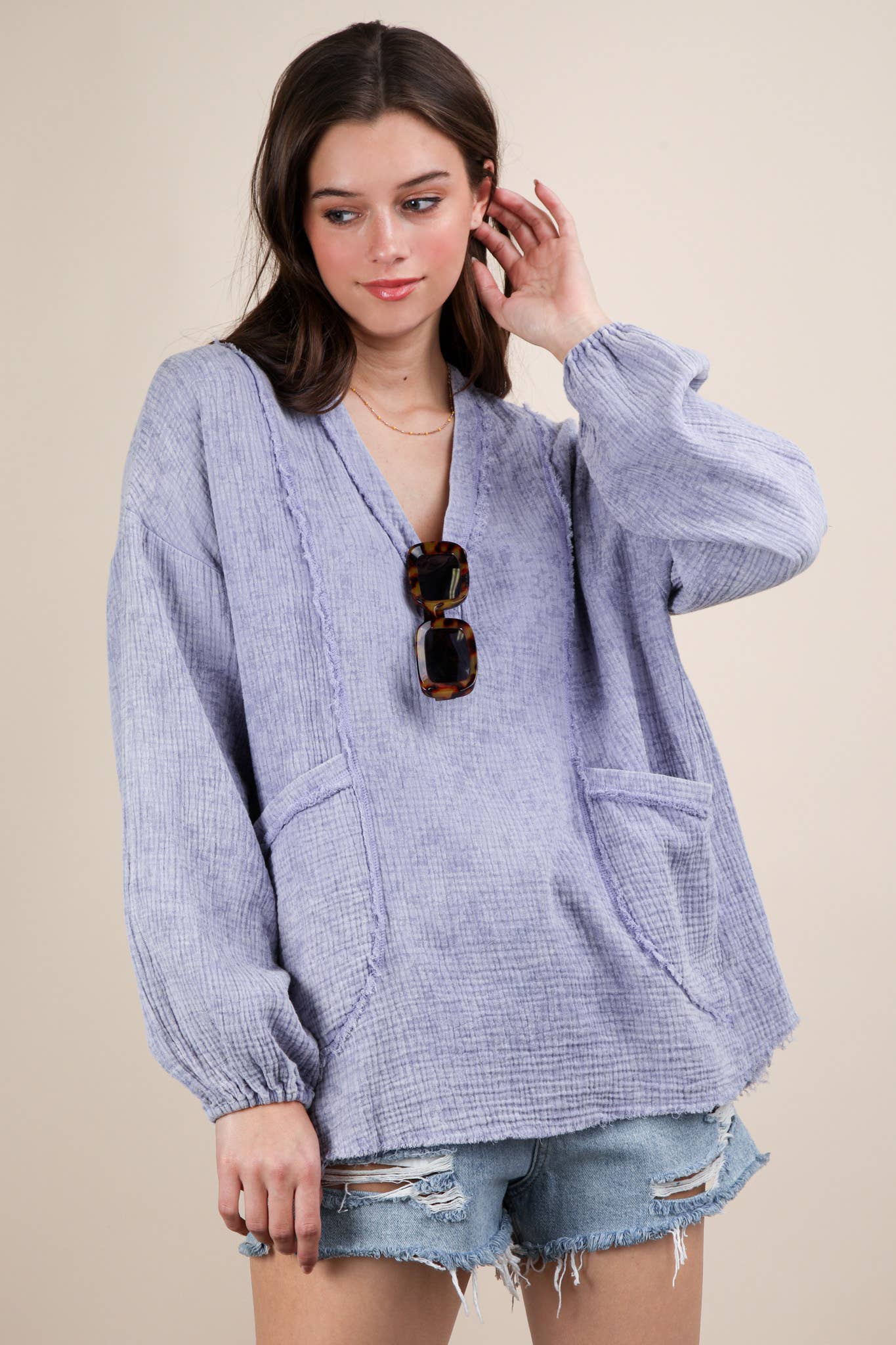 VERY J - Wholesale Shirt - Women's - NT12105-Washed Cotton Gauze Oversized Top28