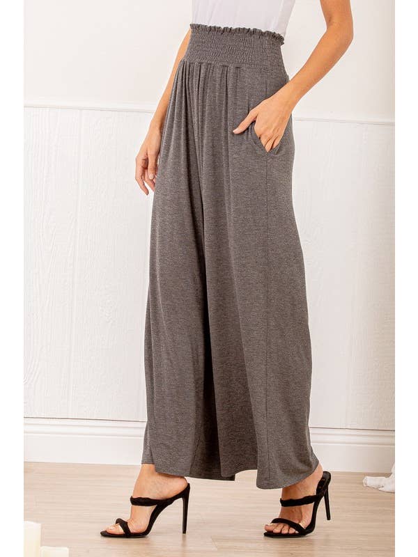 HEIMISH - Wholesale Pants - Women's - SP1123-10 FOLD OVER WIDE LEG SOLID PANTS WITH SMOCKED AND SI8