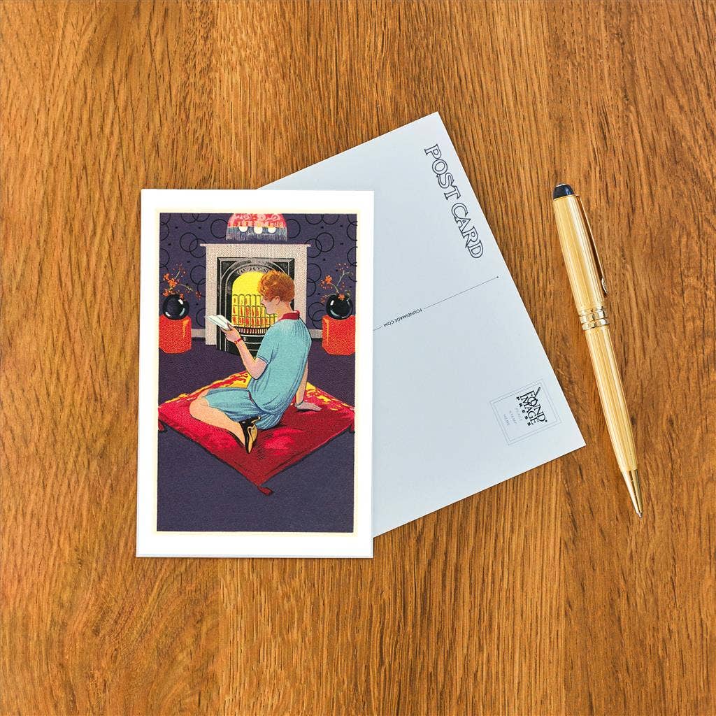 Found Image Press - Wholesale Postcard - Postcard LT-139 Flapper Reading in front of Fire1
