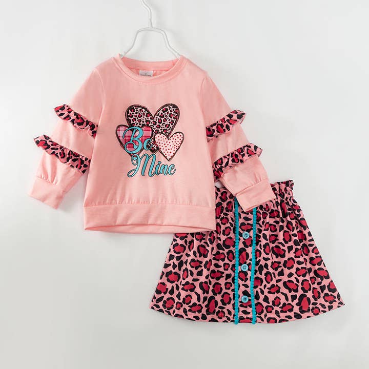 Set di gonna da ragazza con volant a cuore leopardato rosa per San Valentino per la vendita all'ingrosso da parte di littleoneusa