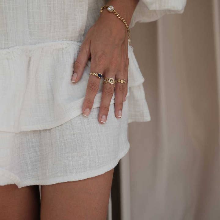 Bijoux 7bis - Vente Bague de cocktail/de cérémonie - Bague Acier Cabochon Rectangle Serti Clos Martelé5