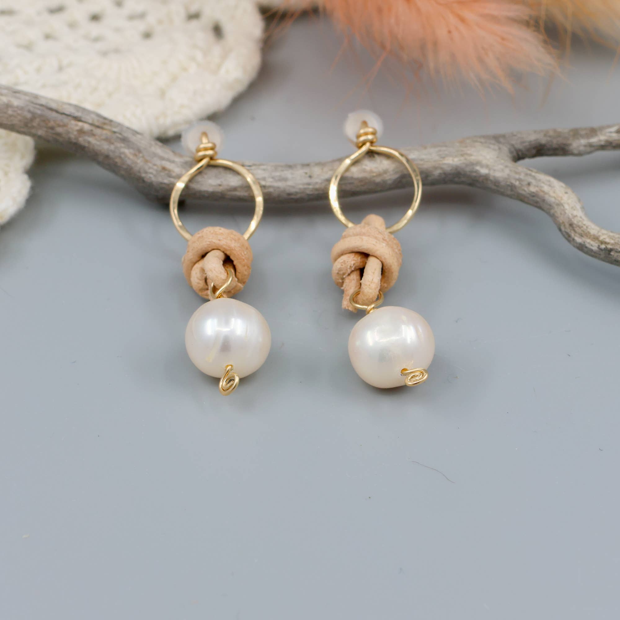The Stitch Alliance - Wholesale Dangle Earrings - Freshwater Pearl Drop Earrings / 14k Gold Fill / Leather4