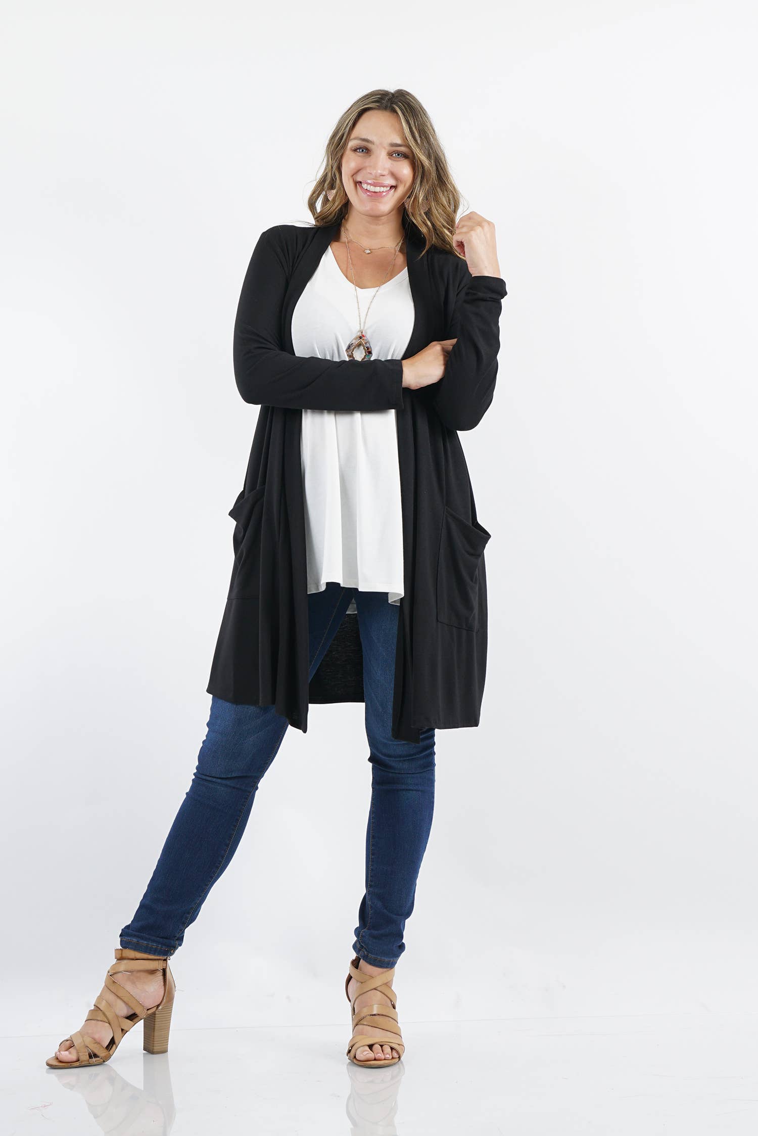 42POPS - Wholesale Cardigan - Women's - ..SI-7552 Plus Knee Length Slouchy Pocket Open Cardigan9