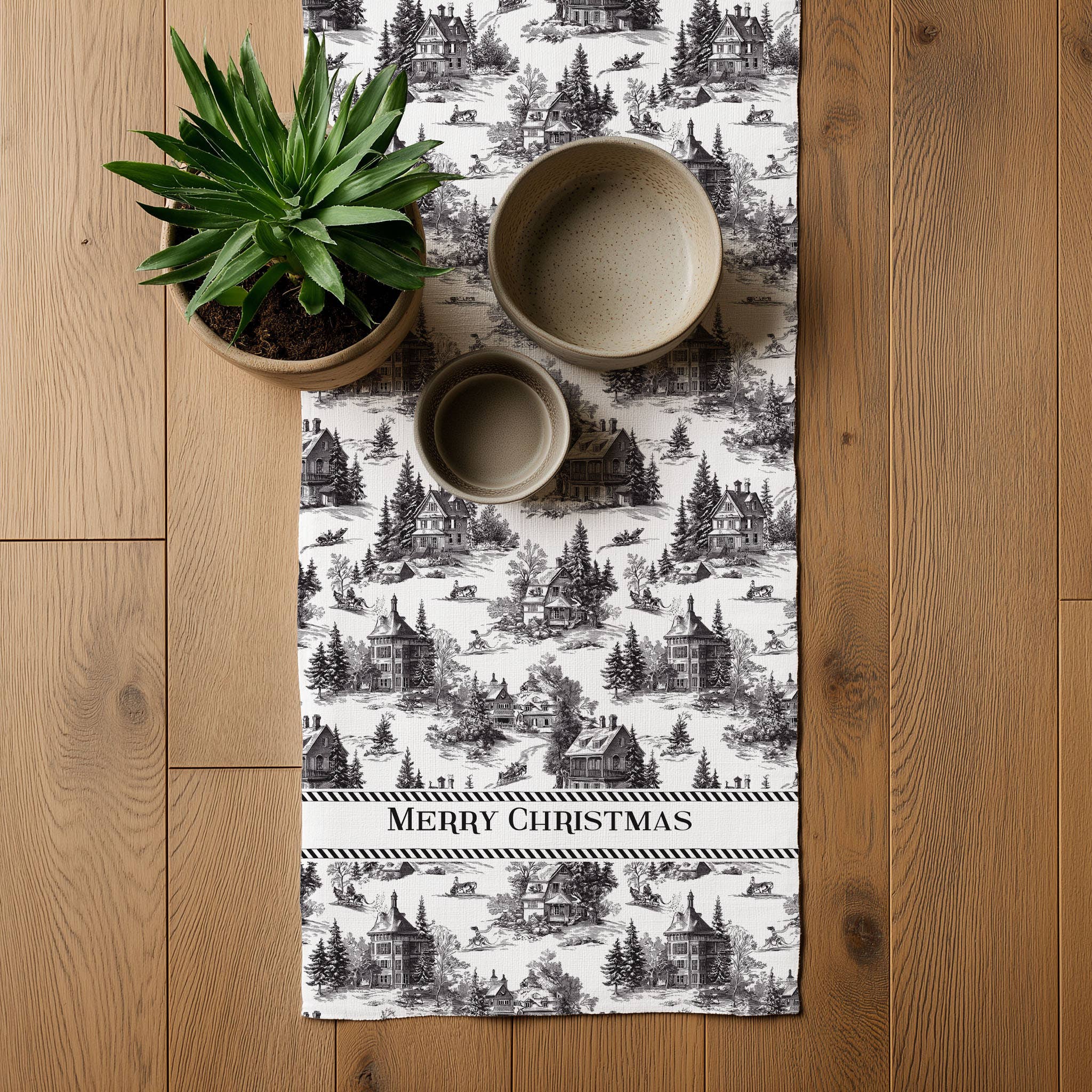 NorraVilla – wholesale Table runner – 100% Linen Runner Merry Christmas Toile de jouy Country3