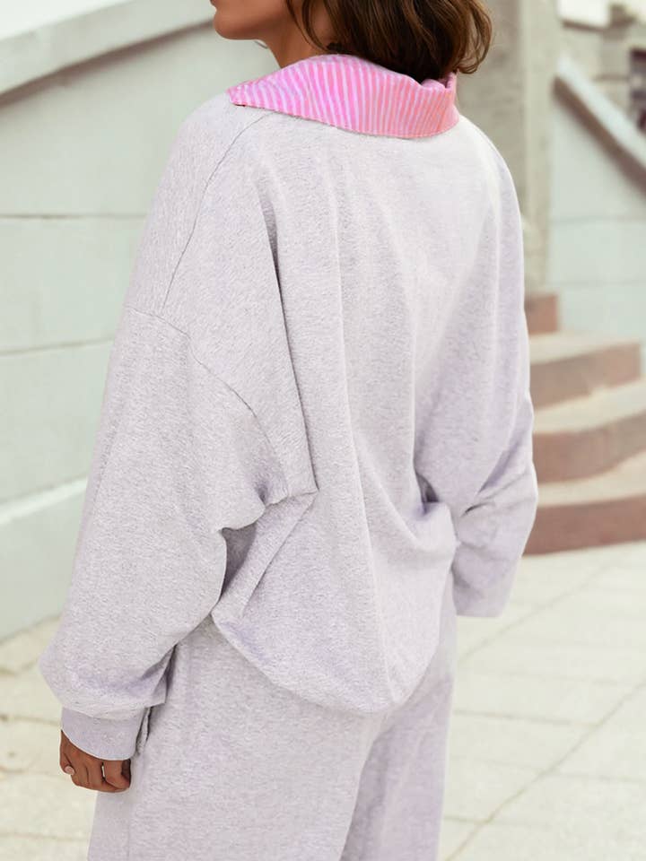 Gris clair Ensemble à col à volants, épaules tombantes et pantalon à cordon de serrage en vente sur Faire1