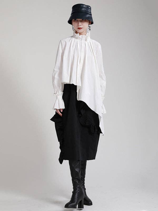 WHITE Original Stylish Irregular Pleated Buttoned Stand Collar Long Sleeves Blouse for wholesale on Faire5