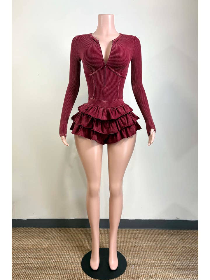 Dalia Studio - Wholesale Romper - Women's - MINERAL WASH ZIP UP TIERED BOTTOM ROMPER6