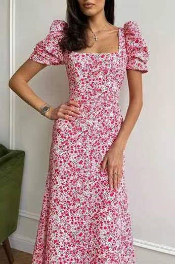 HIDDENBRAND - Wholesale Dress - Women's - Puff sleeve Square collar Floral Dress0