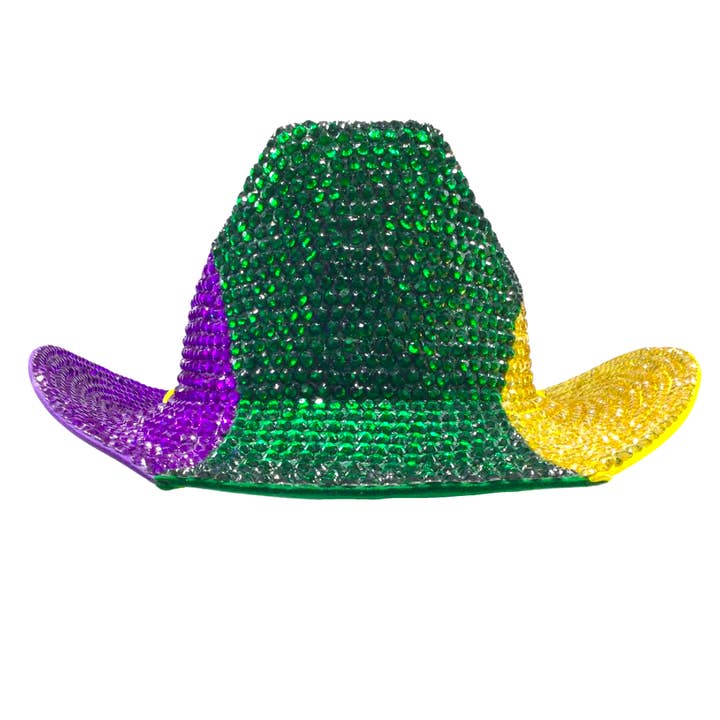 Purple, Green, and Gold Mardi Gras Rhinestone Cowboy Hat (Each) for wholesale by Plush Appeal LLC