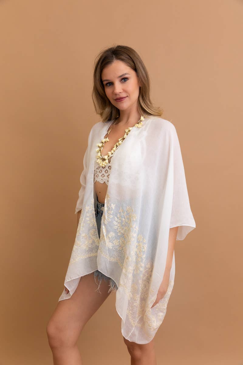 Leto Accessories - Vente Kimono – femme - Kimono brodé floral style bohème chic avec détails en points et pompons 🌼0