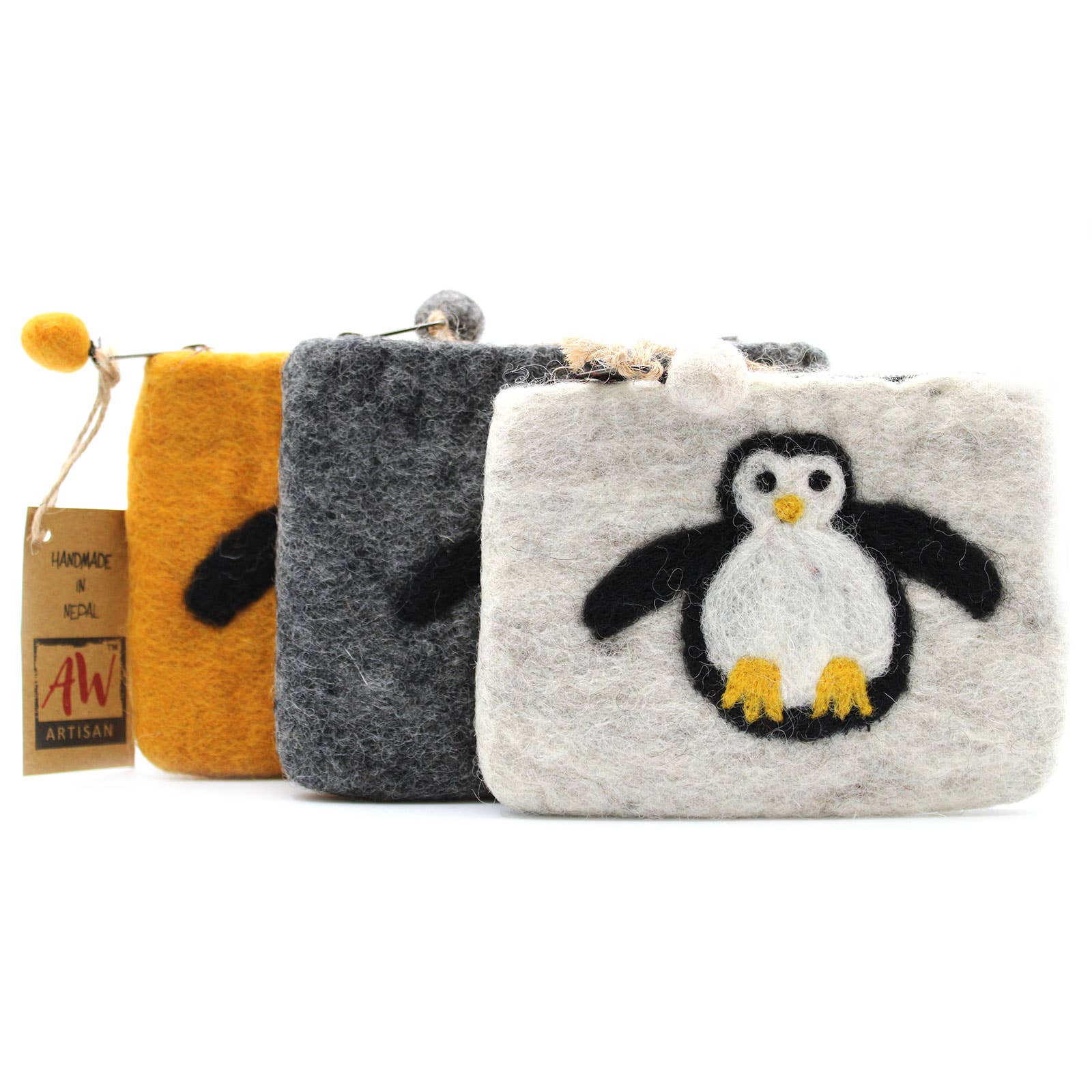 AW Artisan - Wholesale Coin Purse - Unisex - Natural Felt Purse (surt) - Cute Penguin1